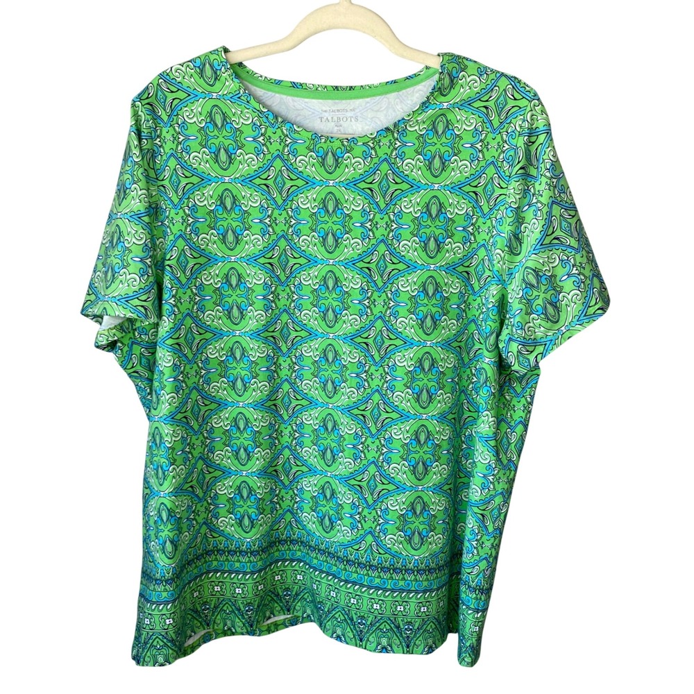 Talbots 2X Green and Blue Short Sleeve Patterned Tee